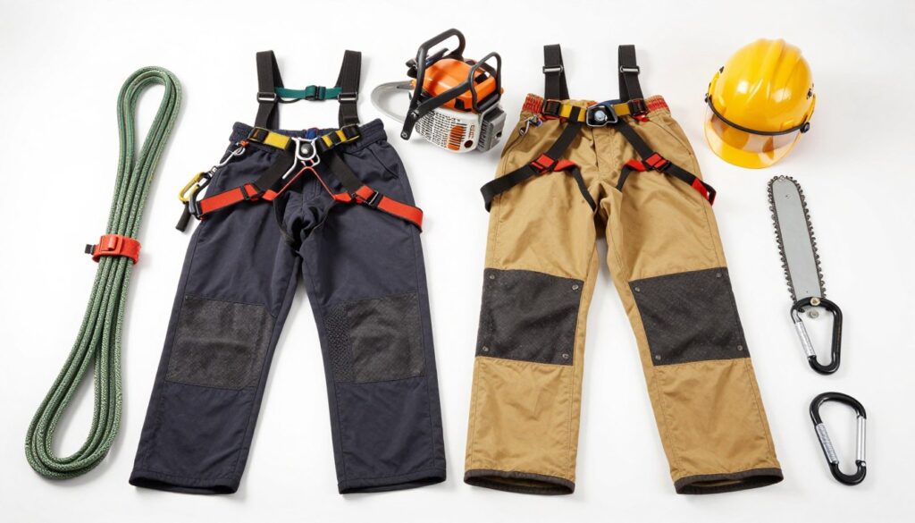 Arborist safety equipment including harness, helmet, and protective gear laid out systematically