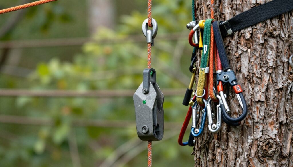 Close-up of professional tree rigging equipment and ropes used in sectional dismantling