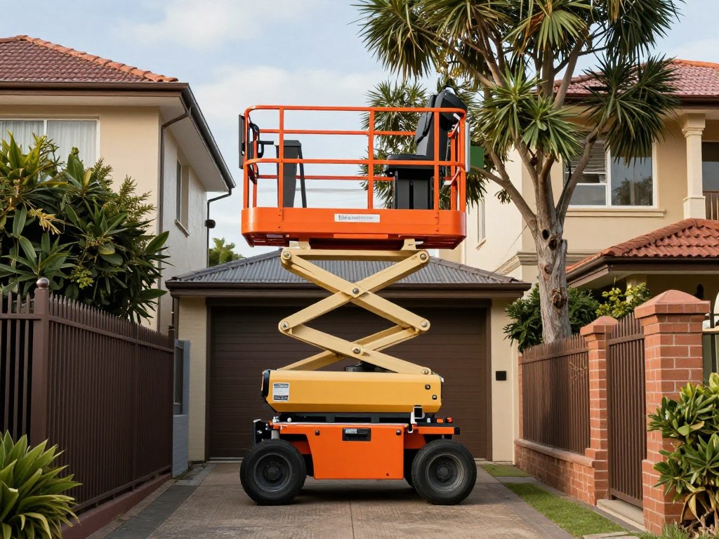 Compact spider-lift equipment navigating narrow New Farm residential driveway for tree removal work Compact spider-lift equipment navigating narrow New Farm residential driveway for tree removal work
