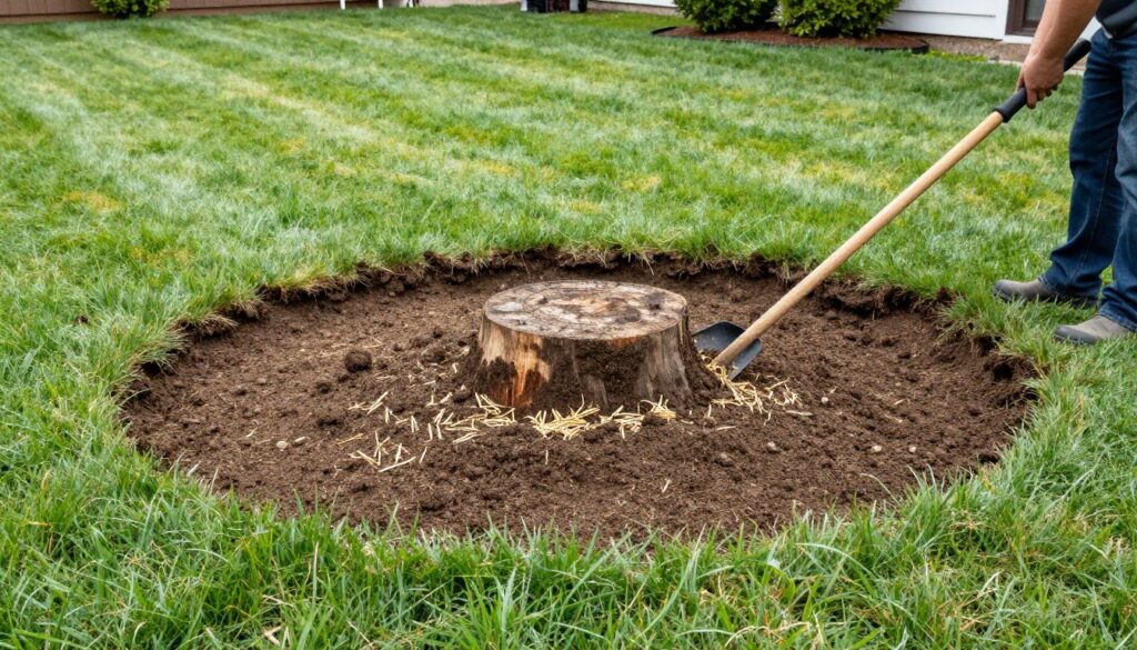 Completed stump removal showing restored lawn area Completed stump removal showing restored lawn area