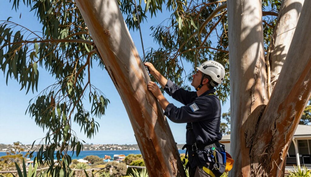 Professional arborist performing tree assessment in Avalon Beach coastal property
