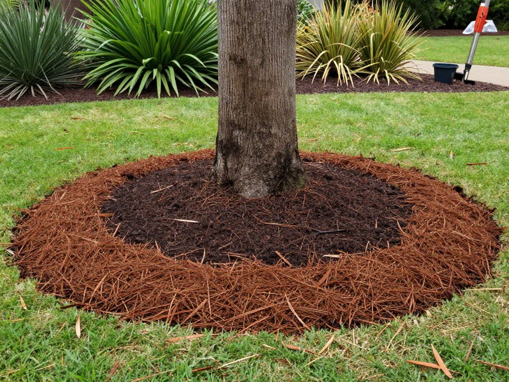 Professional mulch application around tree base for optimal tree health
