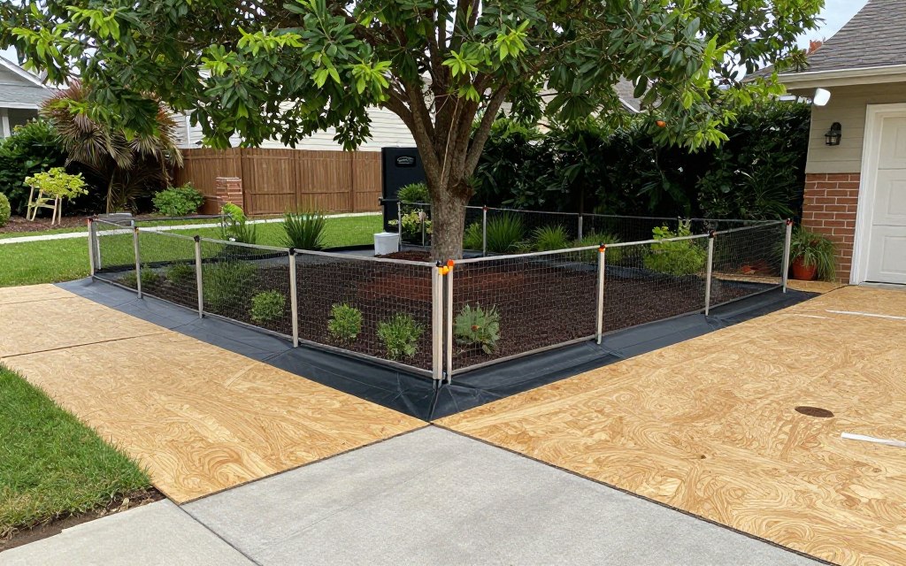 Property protection measures including ground mats and protective barriers during tree work